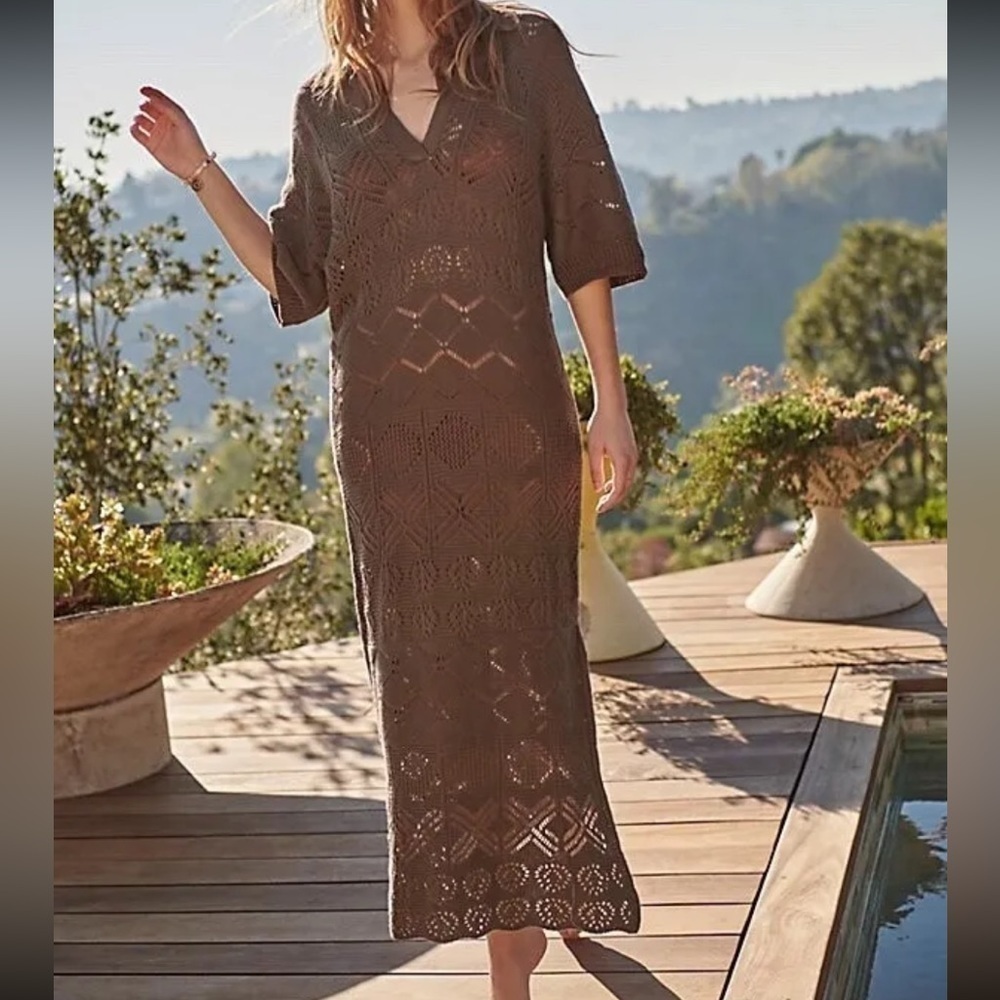 Free People FP Beach Crochet Knit Eyelet Sweater‎ Dress Maxi in Brown